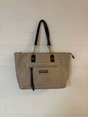 Tommy Hilfiger Beige Monogram Tote Shoulder Bag Gold Chain Accent